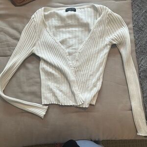 White Fox Boutique Cream Ribbed Button-Front Long Sleeve Top